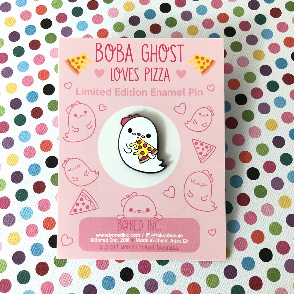 bored inc boba ghost loves pizza enamel pin